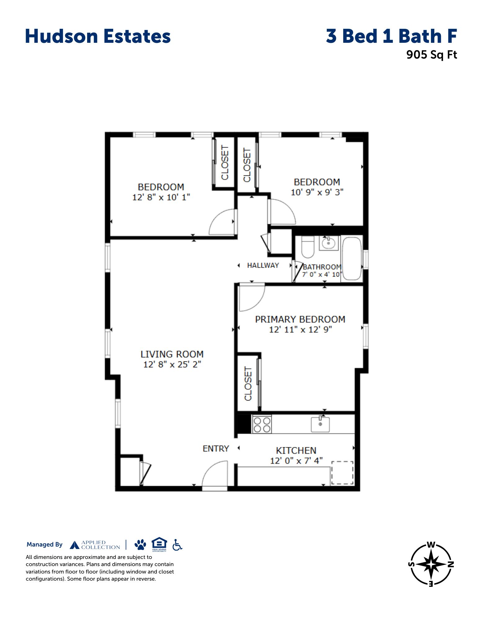 Floor plan for 3 beds, 1 bath, 905 sqft